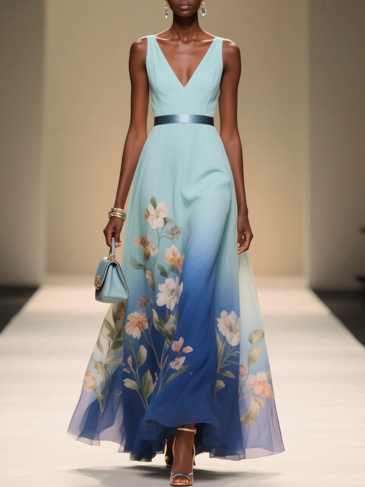 Light Blue Floral Chiffon V Neck Sleeveless A-Line Midi Dress