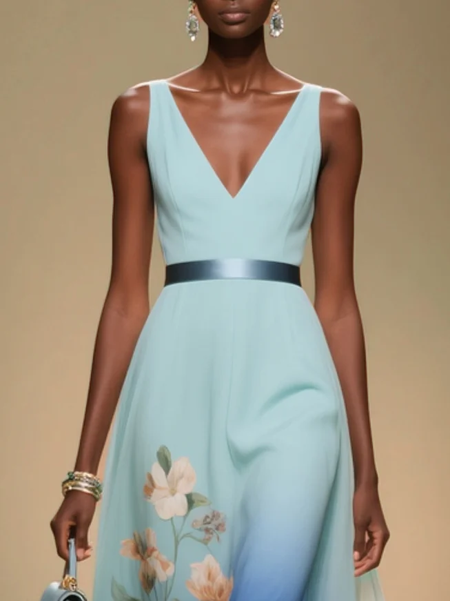 Light Blue Floral Chiffon V Neck Sleeveless A-Line Midi Dress