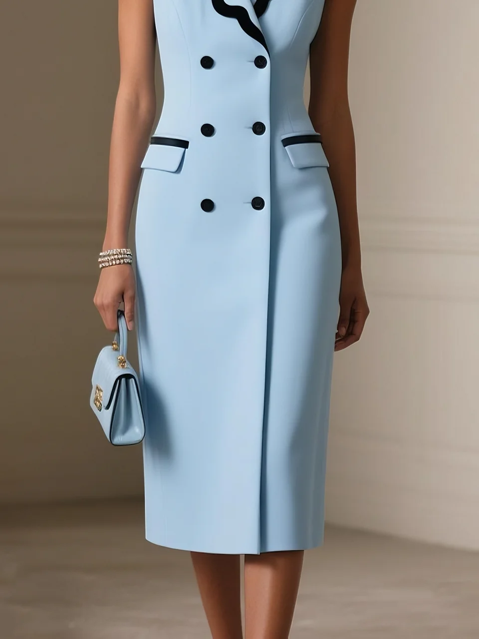 Light Blue Piping Blazer Lapel Collar Sleeveless Sheath Midi Dress