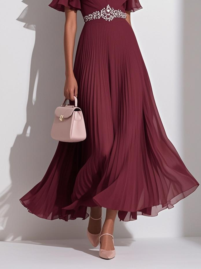 Pink Pleated Rhinestone Ruffle Sleeve A-Line Maxi Chiffon Dress