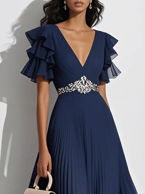 Pink Pleated Rhinestone Chiffon V Neck Short Sleeve Ruffle Sleeve A-Line Maxi Dress
