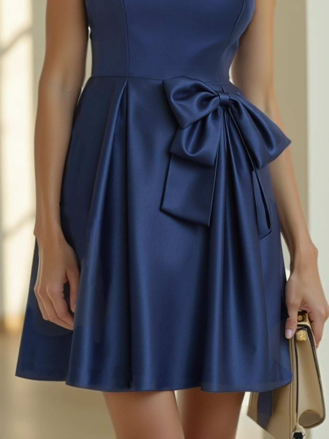 Navy Blue Hot Drilling Bow Satin Off The Shoulder Short Sleeve A-Line Mini Dress