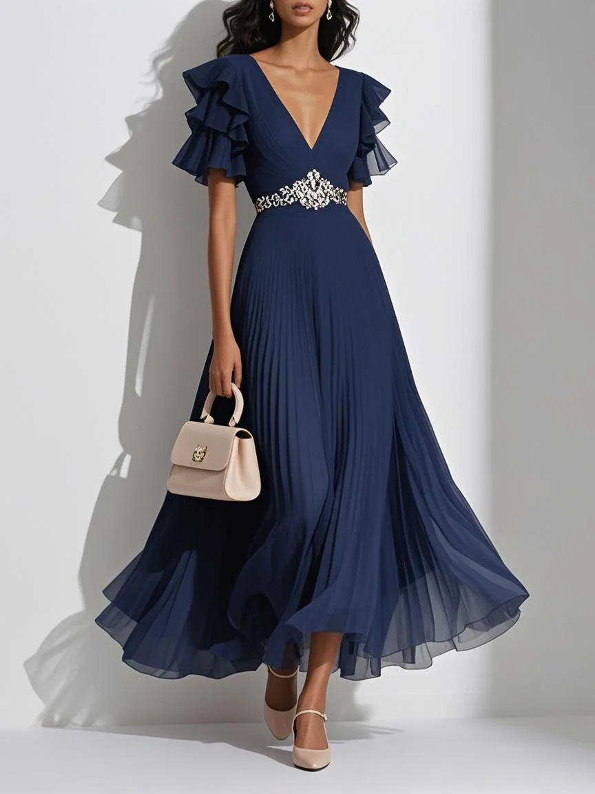 Pink Pleated Rhinestone Chiffon V Neck Short Sleeve Ruffle Sleeve A-Line Maxi Dress