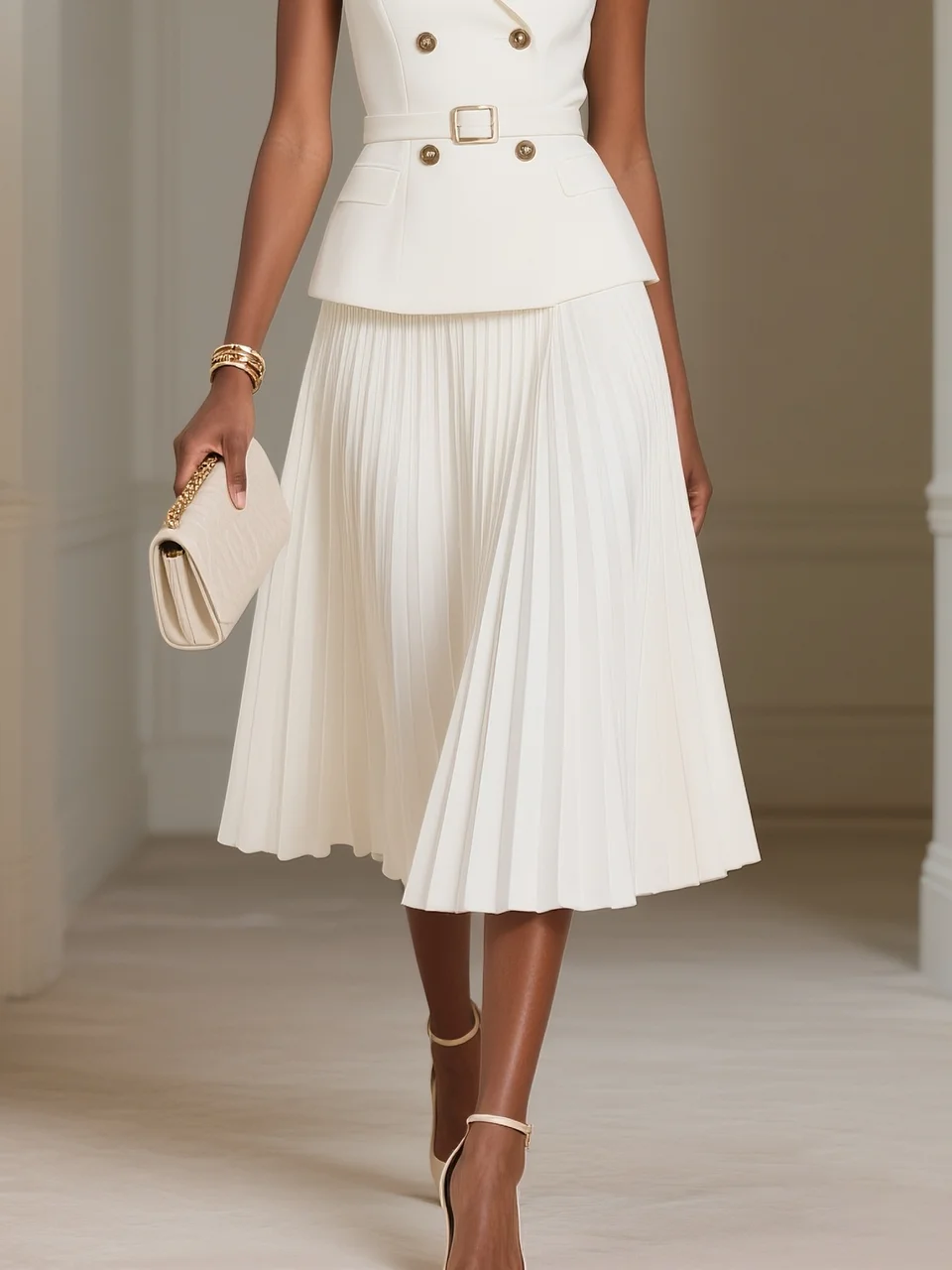 Women White Pleated Buckle Lapel Collar Sleeveless Two-Piece Set