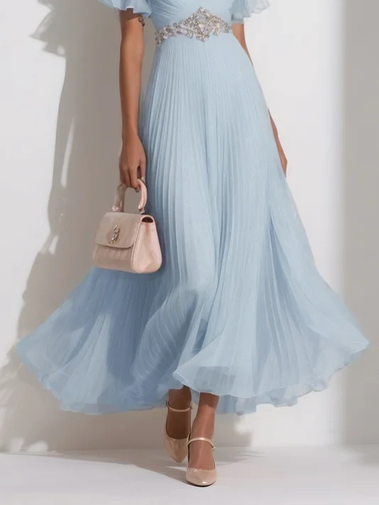 Pink Pleated Rhinestone Ruffle Sleeve A-Line Maxi Chiffon Dress