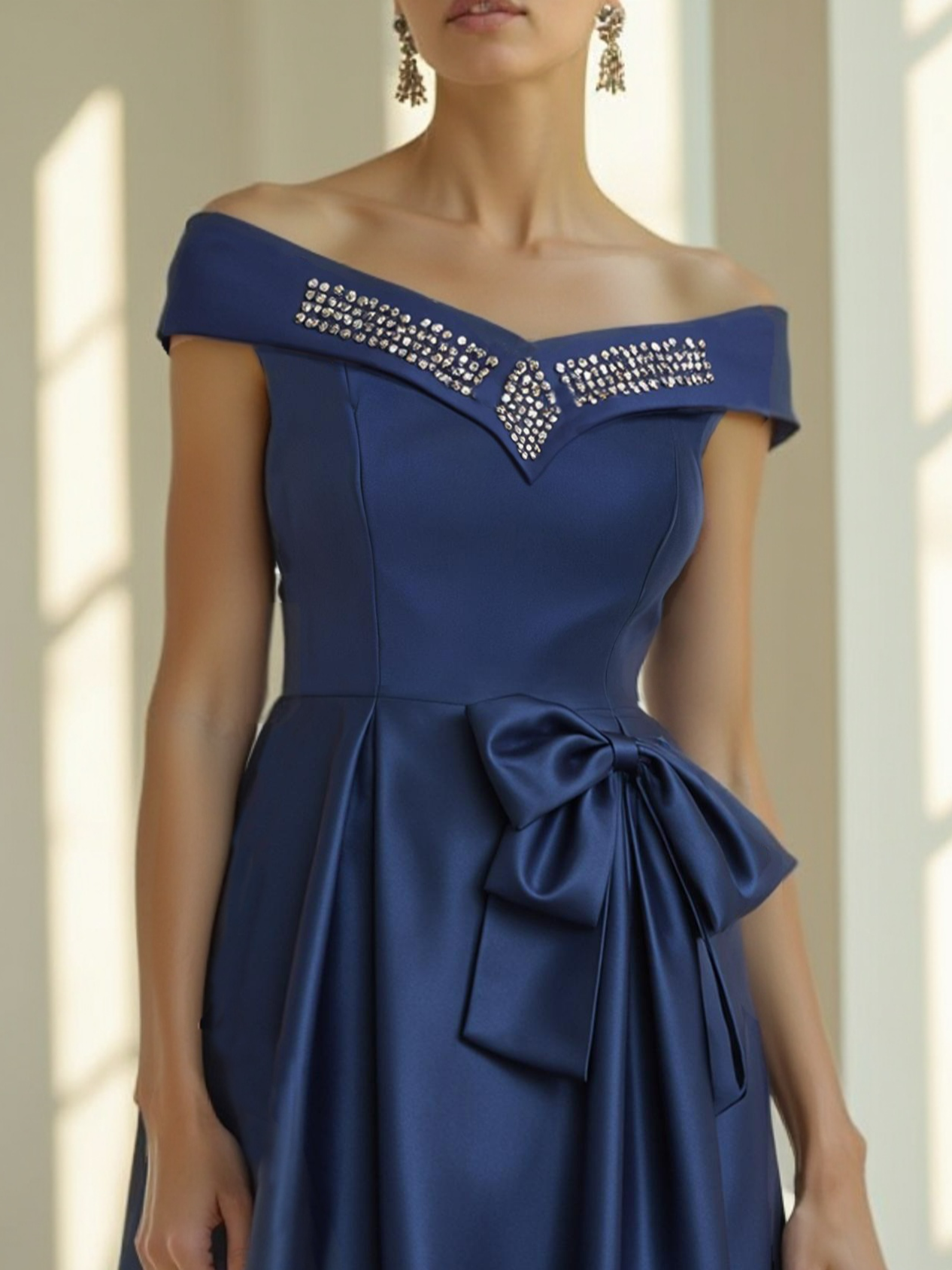 Navy Blue Hot Drilling Bow Satin Off The Shoulder Short Sleeve A-Line Mini Dress