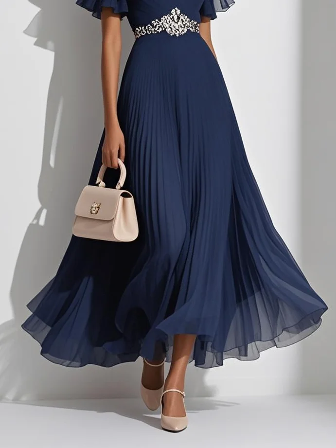 Pink Pleated Rhinestone Chiffon V Neck Short Sleeve Ruffle Sleeve A-Line Maxi Dress