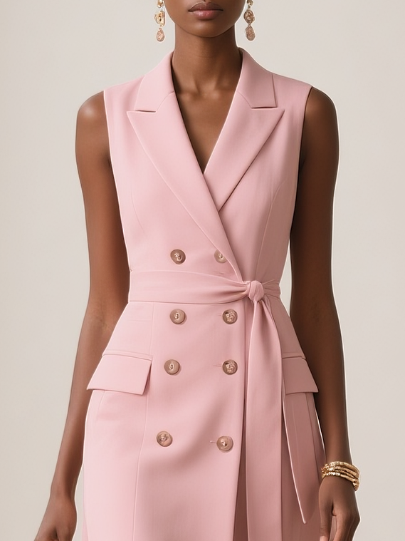 Pink Buckle Blazer Lapel Collar Sleeveless A-Line Midi Dress