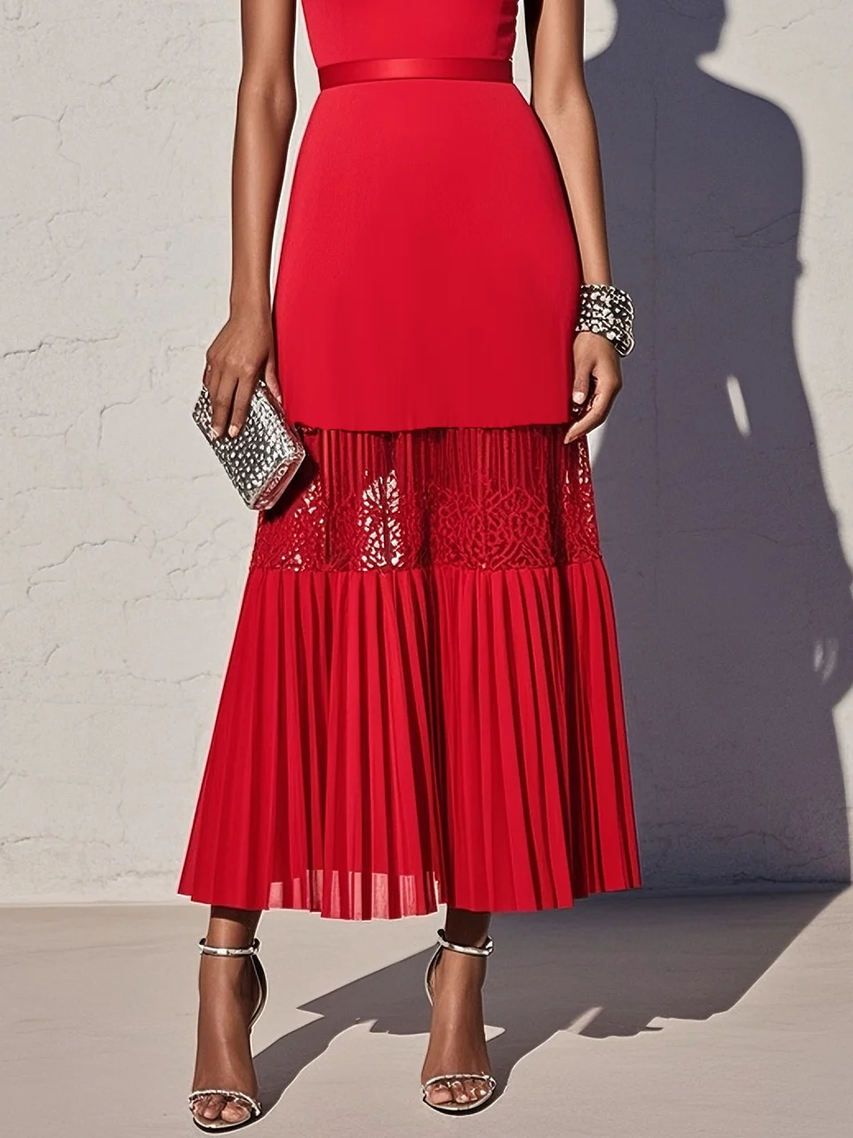 Red Lace Classic Crew Neck Sleeveless A-Line Maxi Dress