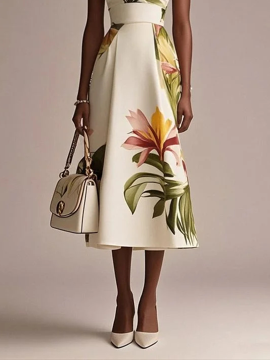 Beige Floral Boat Neck Sleeveless A-Line Midi Dress