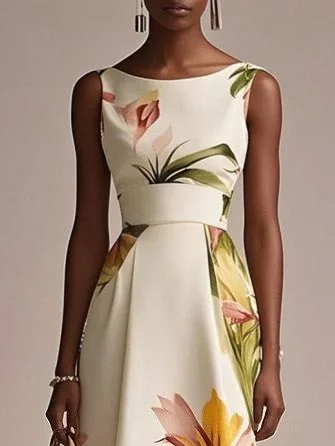 Beige Floral Boat Neck Sleeveless A-Line Midi Dress