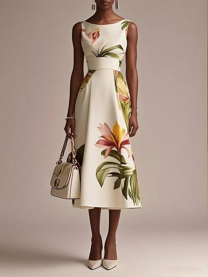 Beige Floral Boat Neck Sleeveless A-Line Midi Dress
