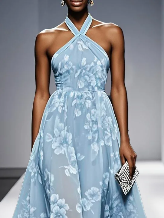 Yellow Floral Chiffon Halter Sleeveless A-Line Midi Dress
