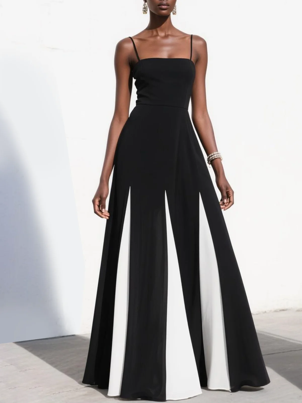 Black Chiffon Spaghetti Gallus A-Line Maxi Dress