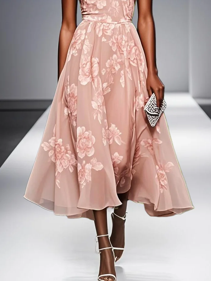 Yellow Floral Chiffon Halter Sleeveless A-Line Midi Dress
