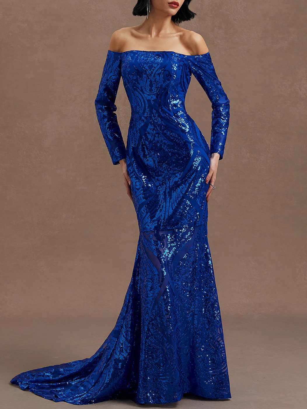 Royal Blue Sequin Dress Off The Shoulder Long Sleeve Mermaid Gown