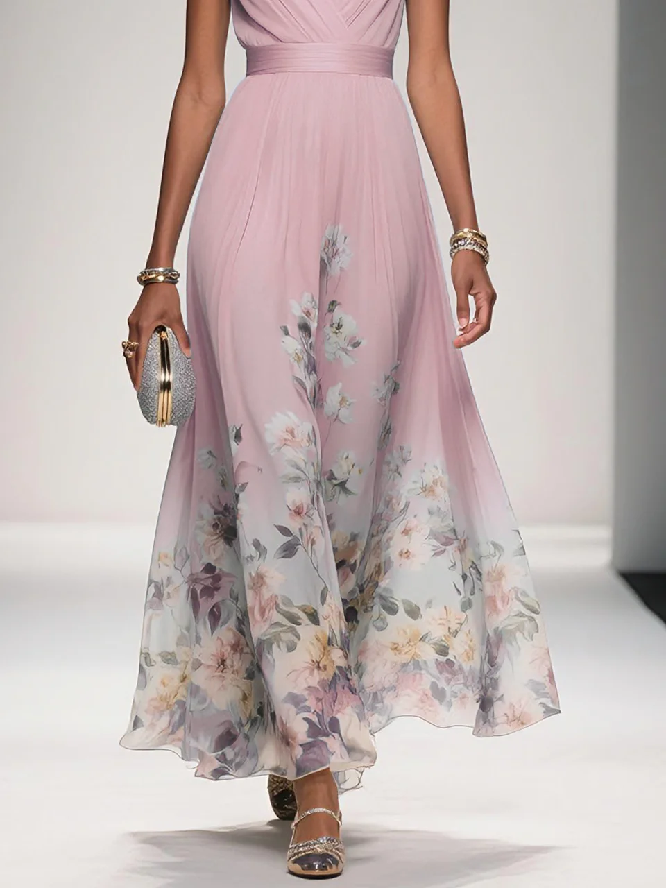 Light Blue Floral Chiffon V Neck Sleeveless A-Line Maxi Dress