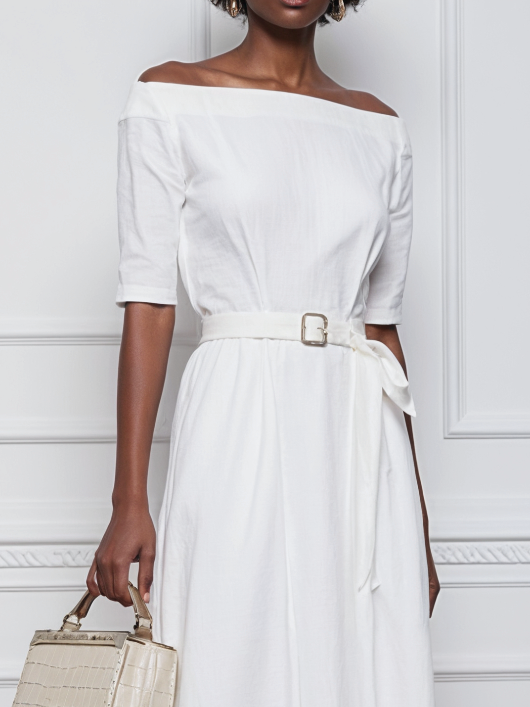 White Linen Off The Shoulder Half Sleeve A-Line Maxi Dress