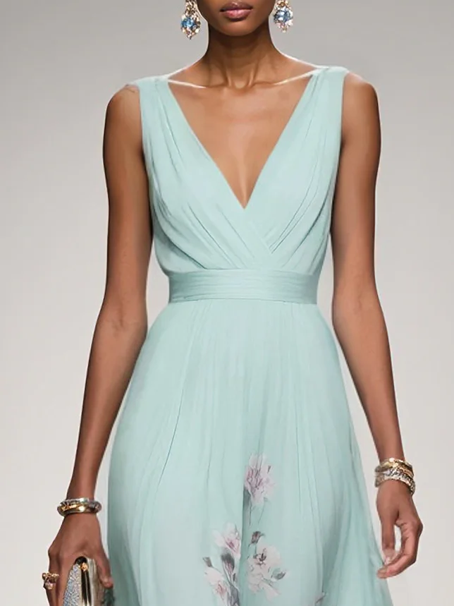 Light Blue Floral Chiffon V Neck Sleeveless A-Line Maxi Dress