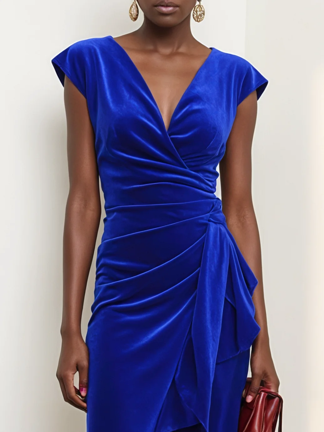 Blue Ruched Velvet V Neck Cap Sleeve A-Line Maxi Dress