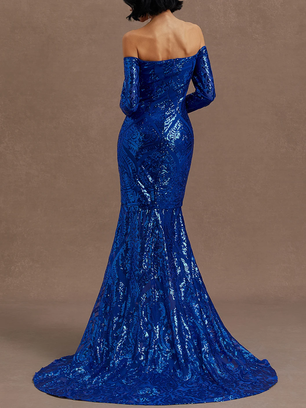 Royal Blue Sequin Dress Off The Shoulder Long Sleeve Mermaid Gown