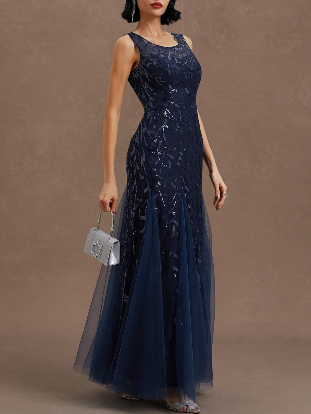 Purplish Blue Sequin Crew Neck Sleeveless Sheath Maxi Dress