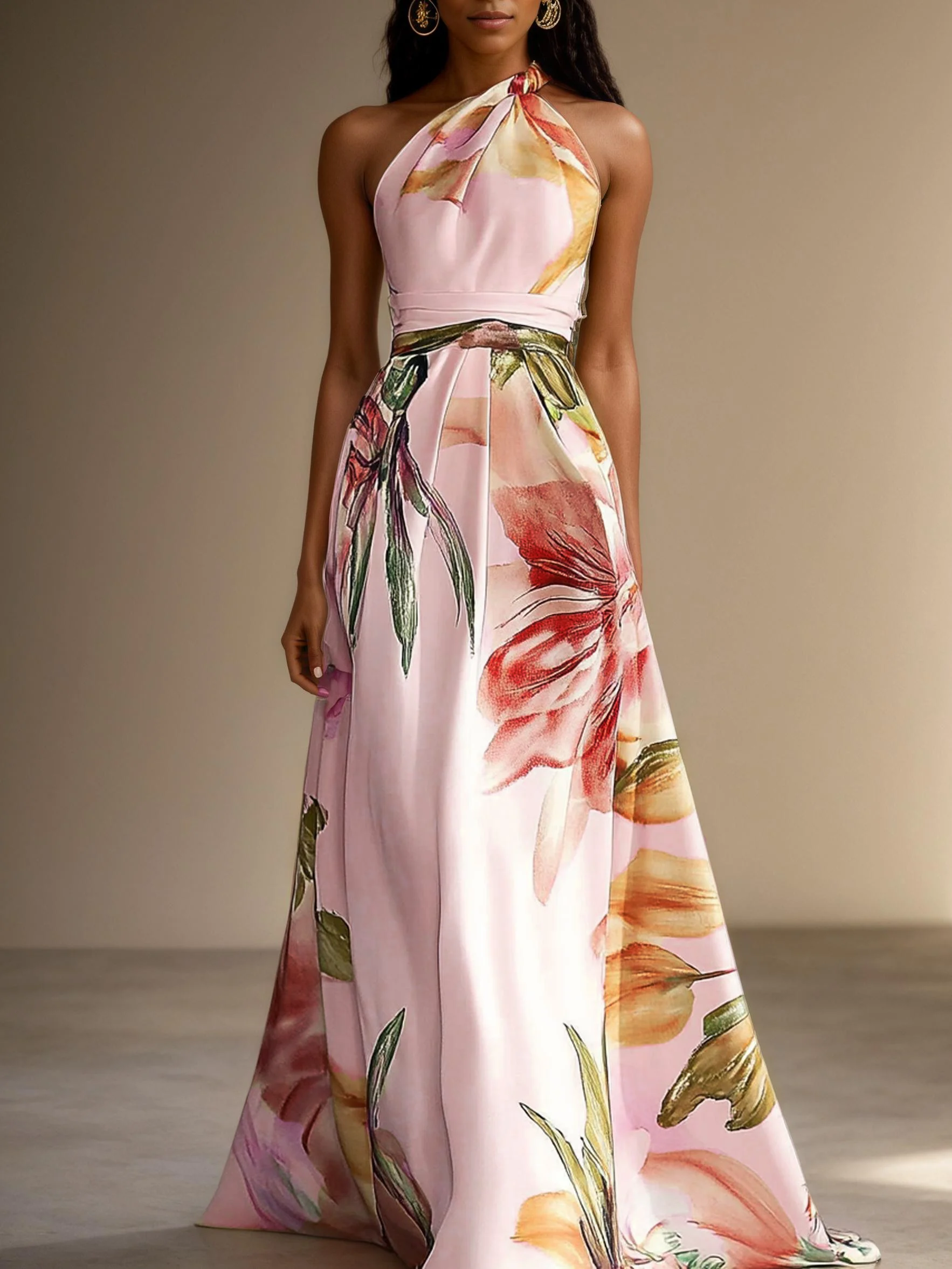 Pink Floral Satin One Shoulder Sleeveless A-Line Maxi Dress