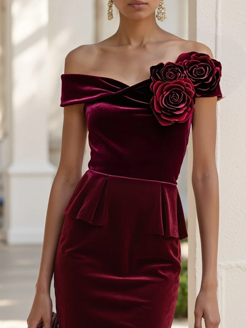 Wine Red 3D Floral Peplum Velvet Off The Shoulder Short Sleeve Sheath Midi Dress