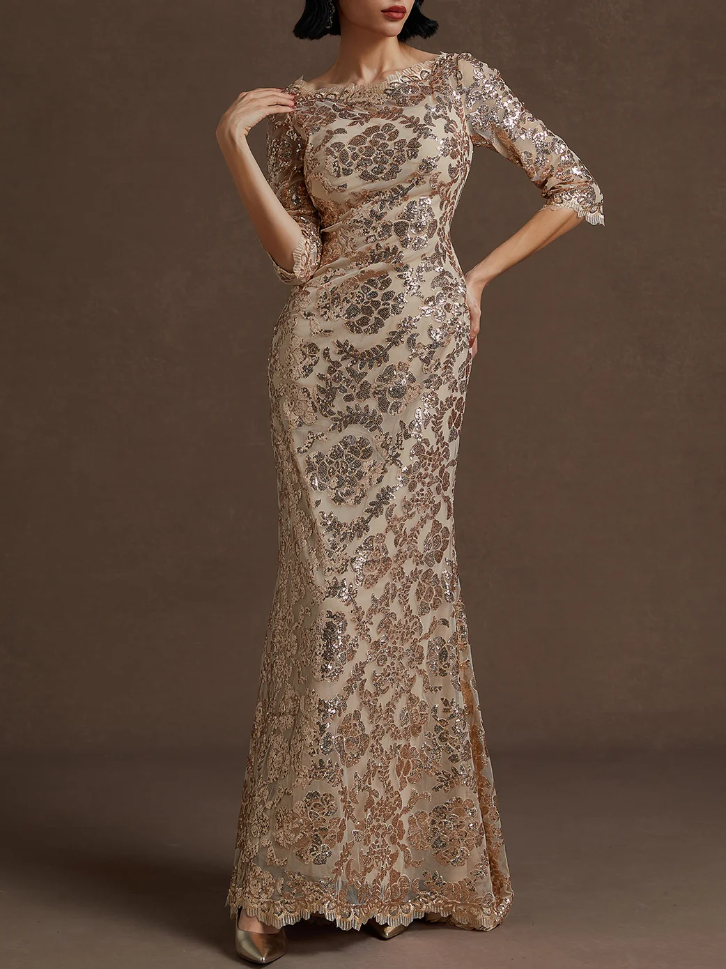 Rose Gold Sequin Crew Neck Three Quarter Sleeve Sheath Gown