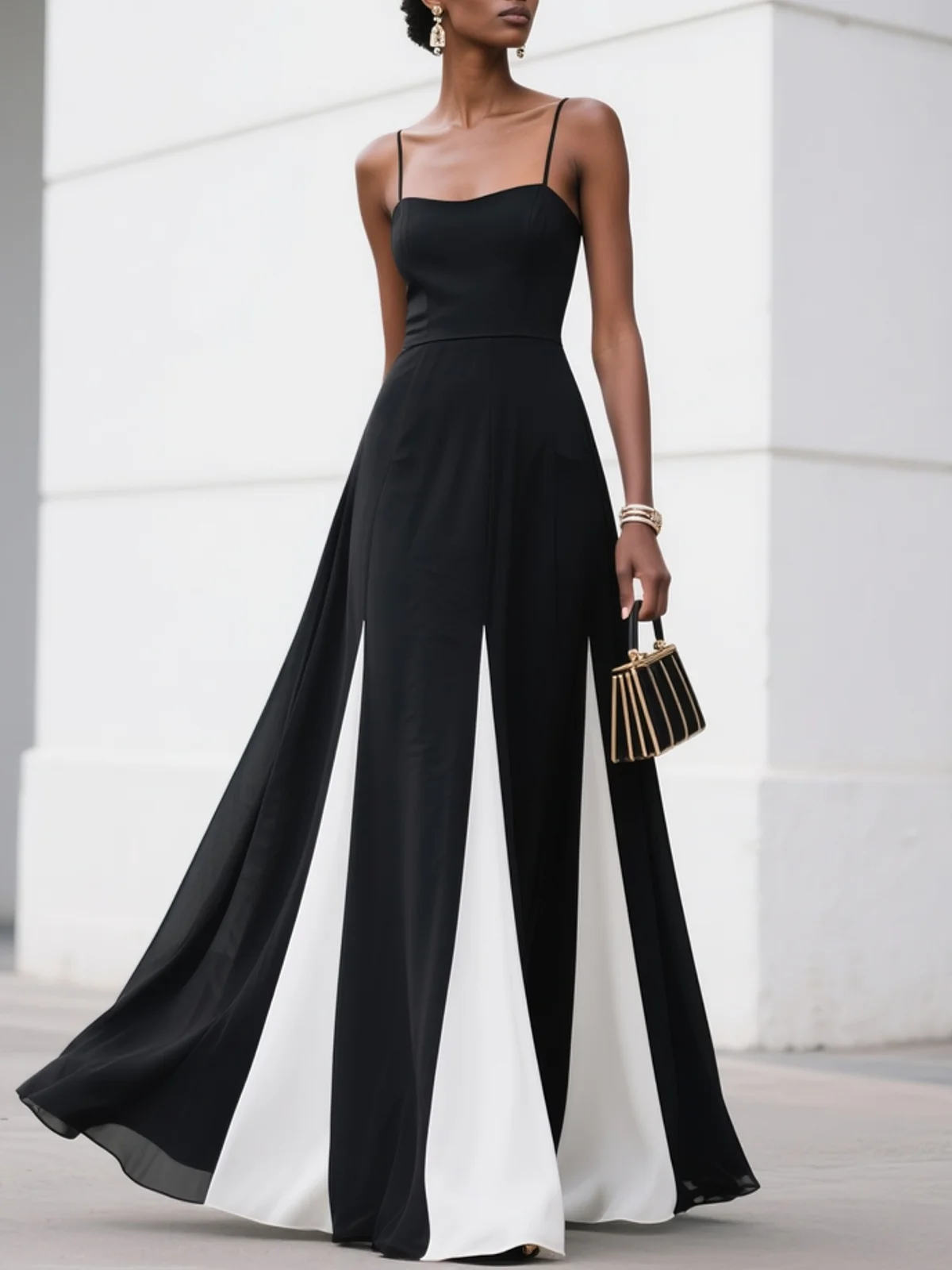 Black Chiffon Spaghetti Gallus A-Line Maxi Dress