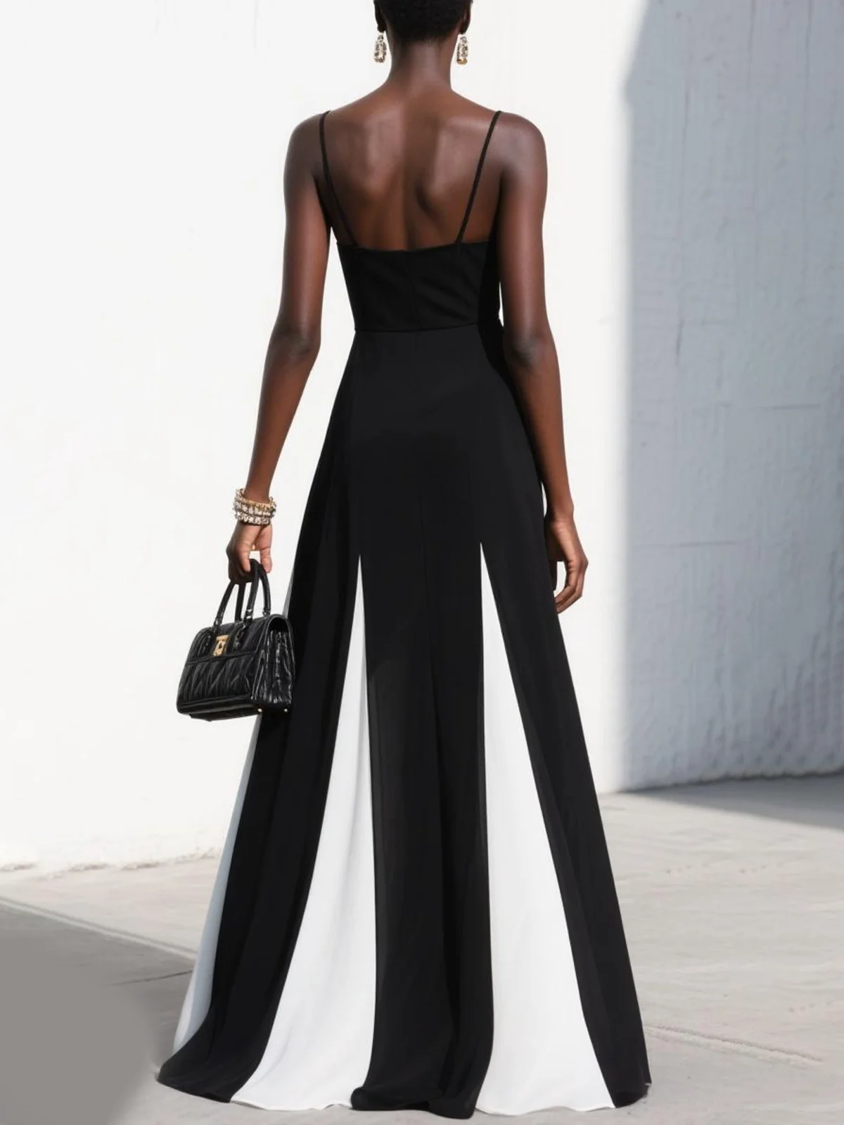 Black Chiffon Spaghetti Gallus A-Line Maxi Dress