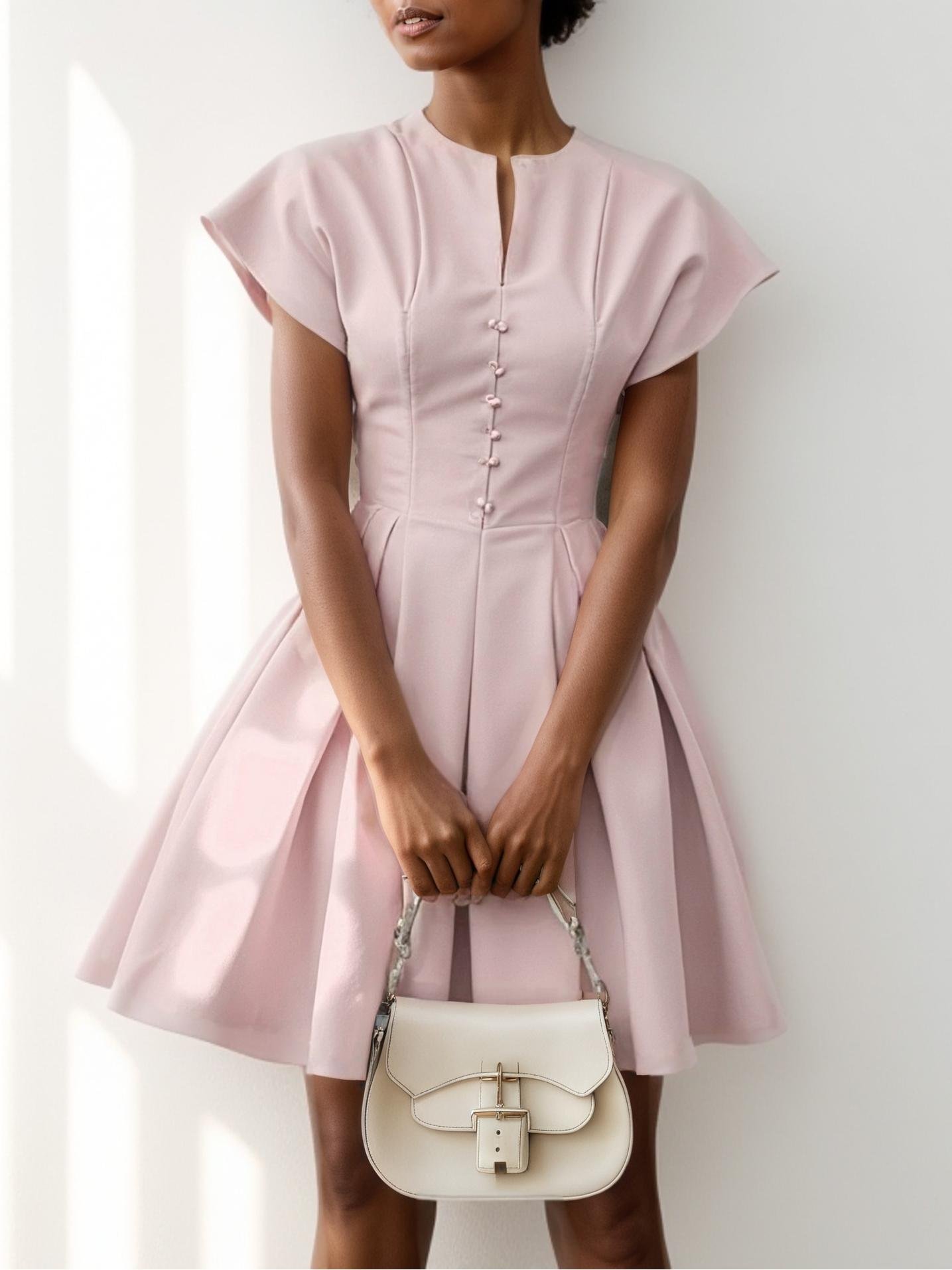 Pink Buckle Classic Notched Cap Sleeve A-Line Mini Dress