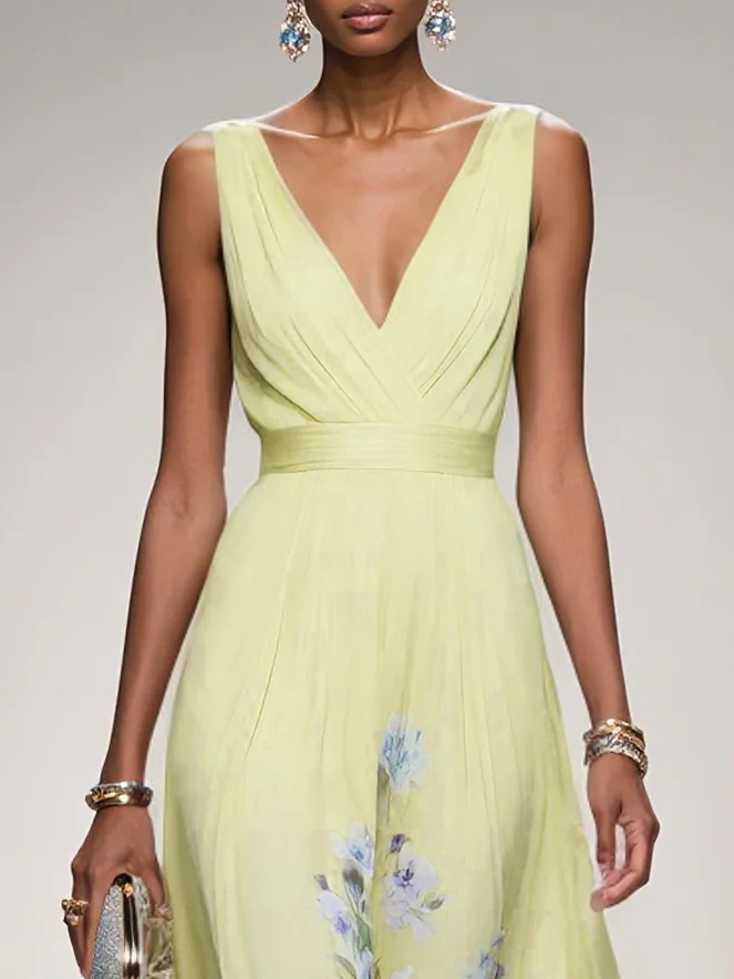 Light Blue Floral Chiffon V Neck Sleeveless A-Line Maxi Dress