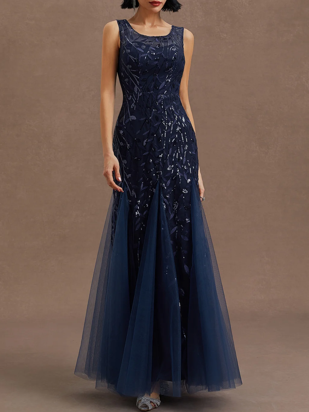Purplish Blue Sequin Crew Neck Sleeveless Sheath Maxi Dress