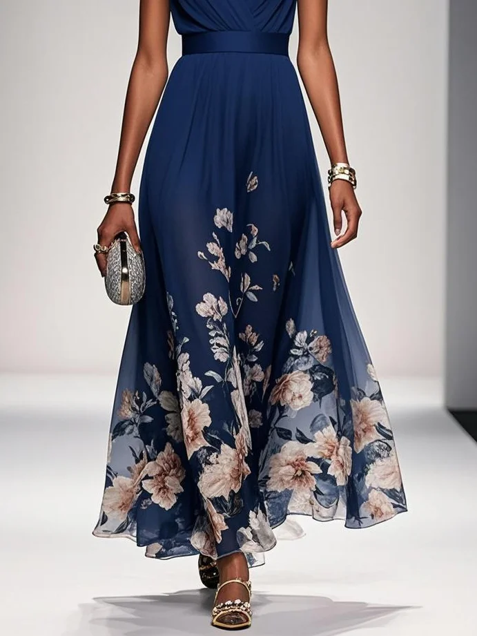 Light Blue Floral Chiffon V Neck Sleeveless A-Line Maxi Dress