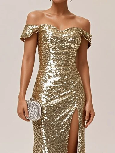 Blue Ruched Slit Sequin Off The Shoulder Short Sleeve Sheath Gown