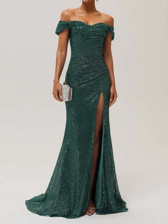 Blue Ruched Slit Sequin Off The Shoulder Short Sleeve Sheath Gown