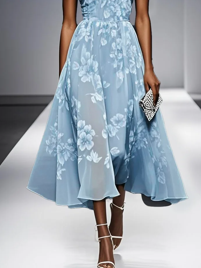 Yellow Floral Chiffon Halter Sleeveless A-Line Midi Dress