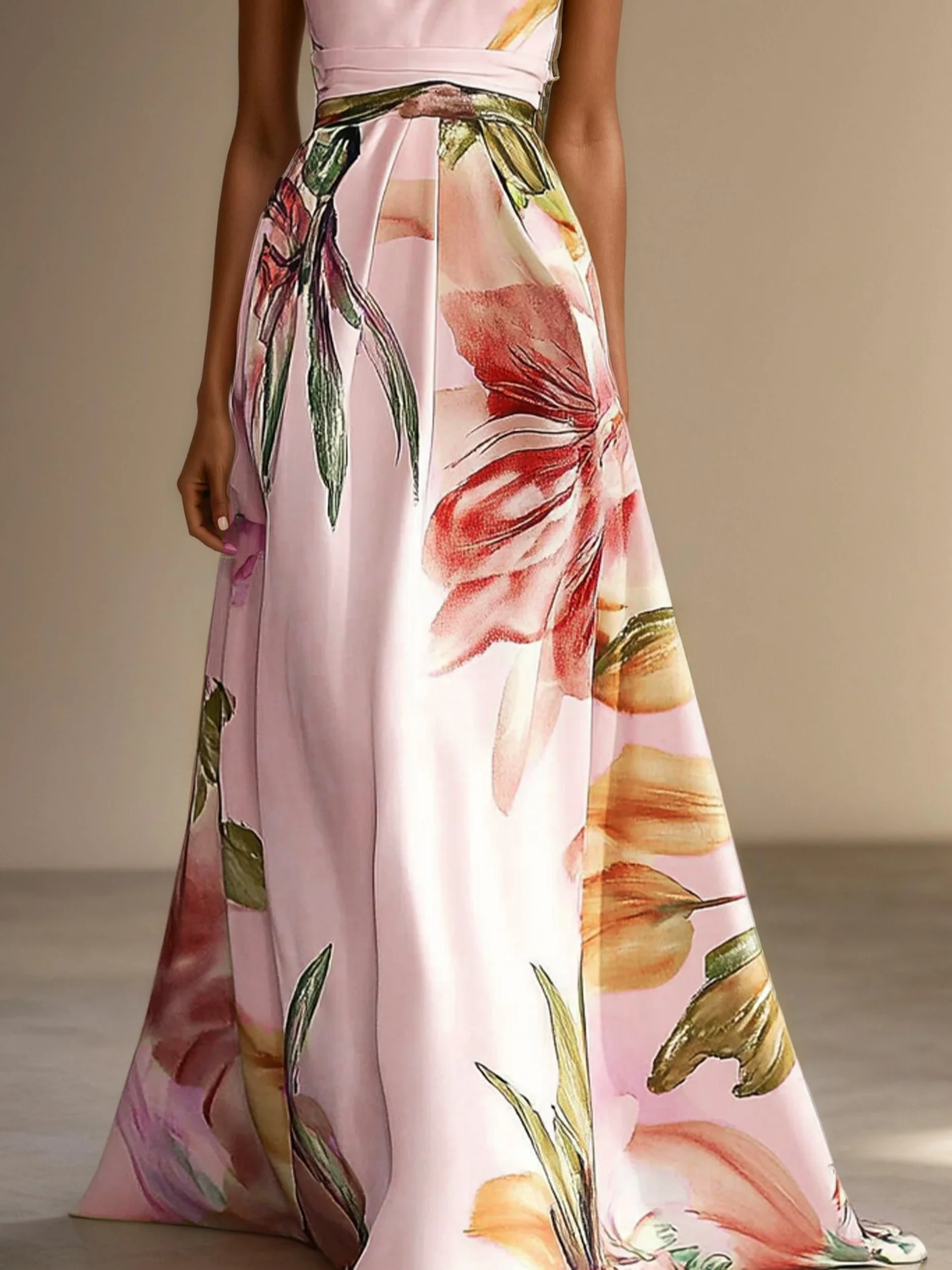 Pink Floral Satin One Shoulder Sleeveless A-Line Maxi Dress
