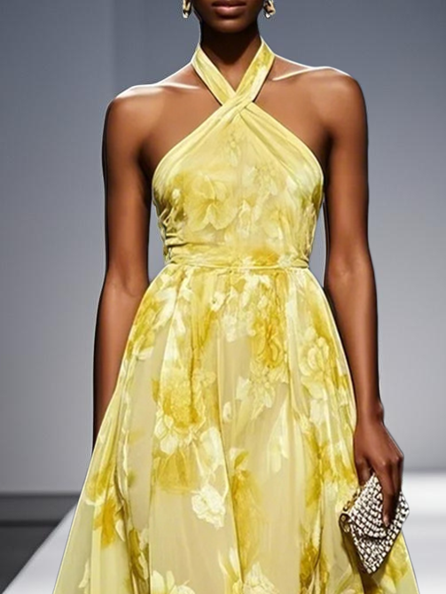 Yellow Floral Chiffon Halter Sleeveless A-Line Midi Dress