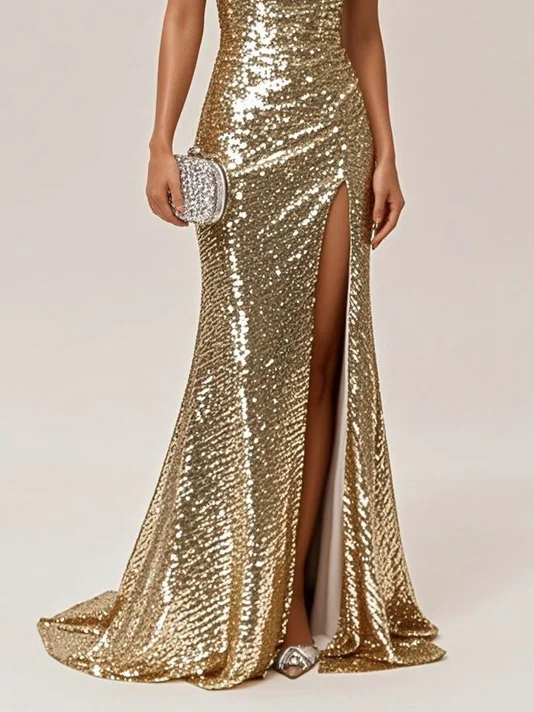 Blue Ruched Slit Sequin Off The Shoulder Short Sleeve Sheath Gown