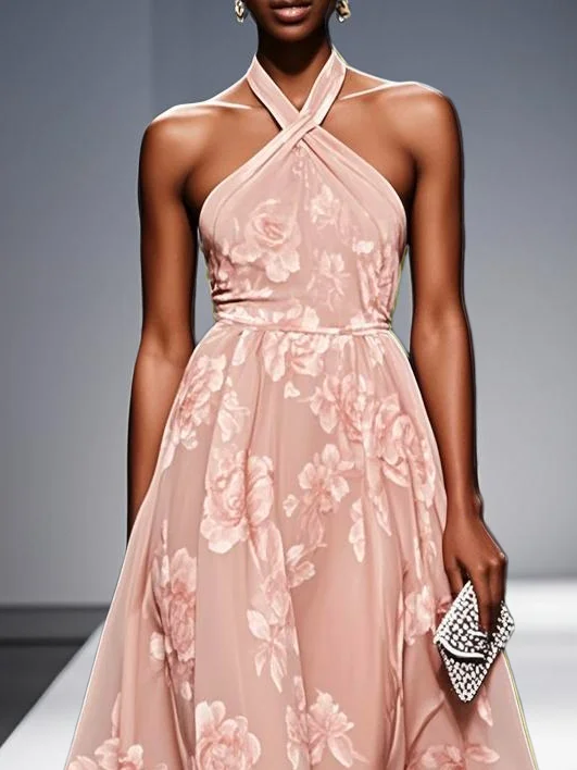 Yellow Floral Chiffon Halter Sleeveless A-Line Midi Dress