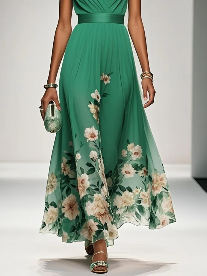 Light Blue Floral Chiffon V Neck Sleeveless A-Line Maxi Dress