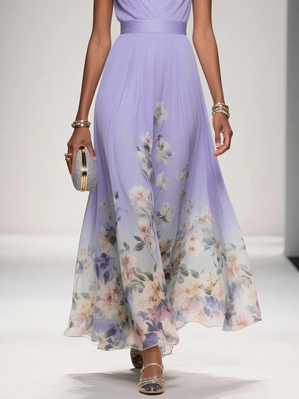 Light Blue Floral Chiffon V Neck Sleeveless A-Line Maxi Dress