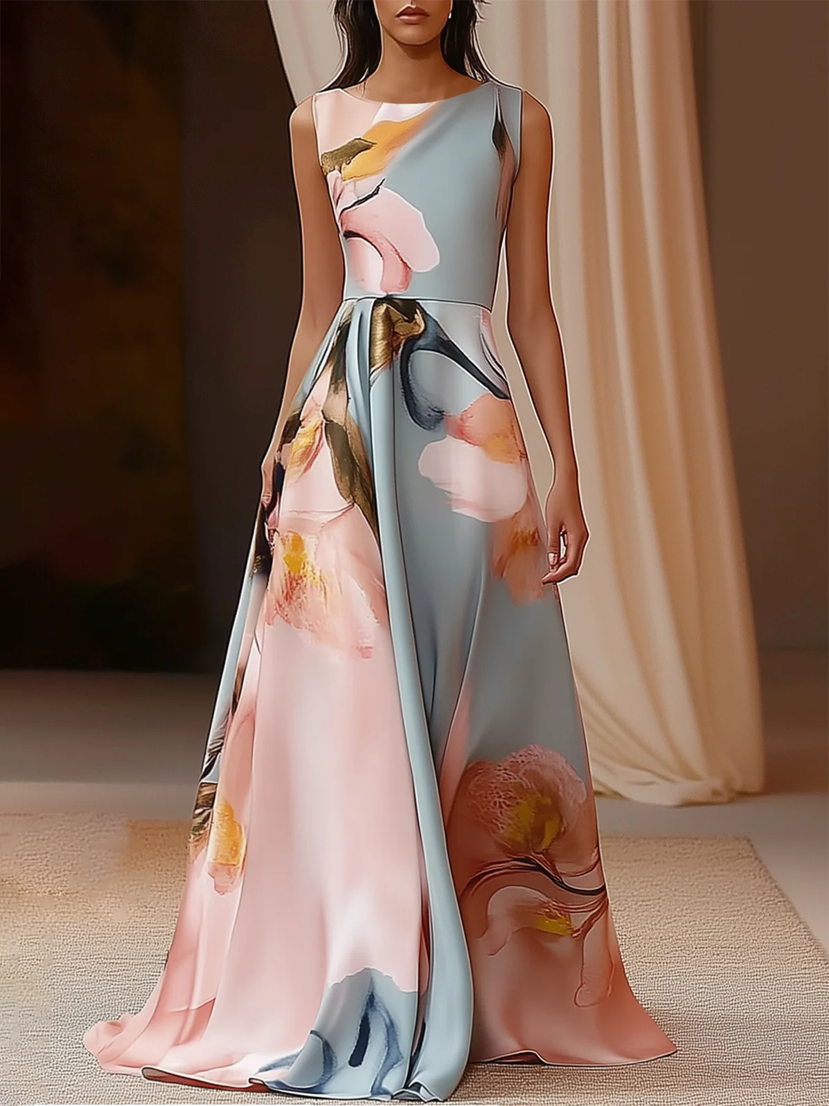 Light Green Classic Boat Neck Sleeveless A-Line Maxi Dress