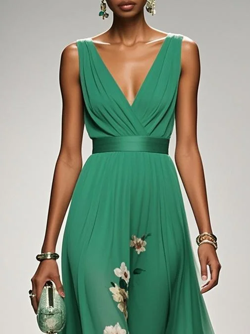 Light Blue Floral Chiffon V Neck Sleeveless A-Line Maxi Dress