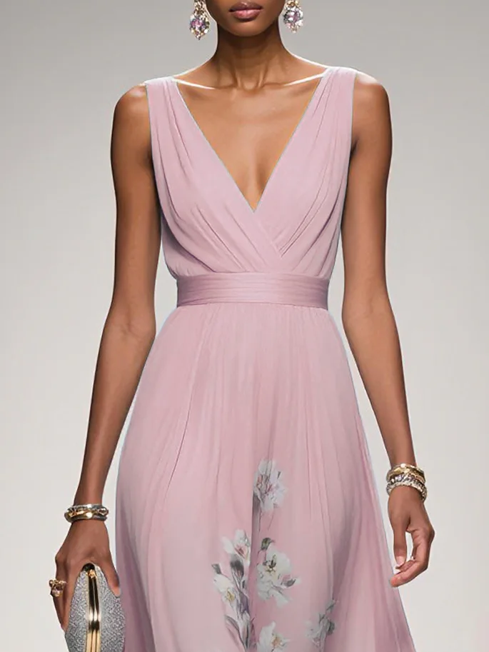 Light Blue Floral Chiffon V Neck Sleeveless A-Line Maxi Dress