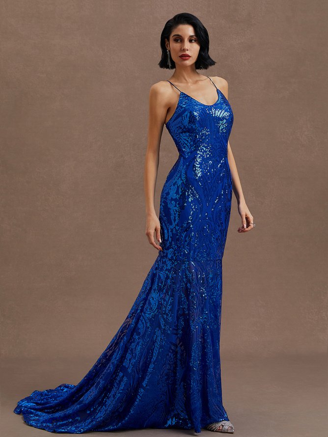 Royal Blue Sequin Dress Spaghetti Sleeveless Mermaid Gown