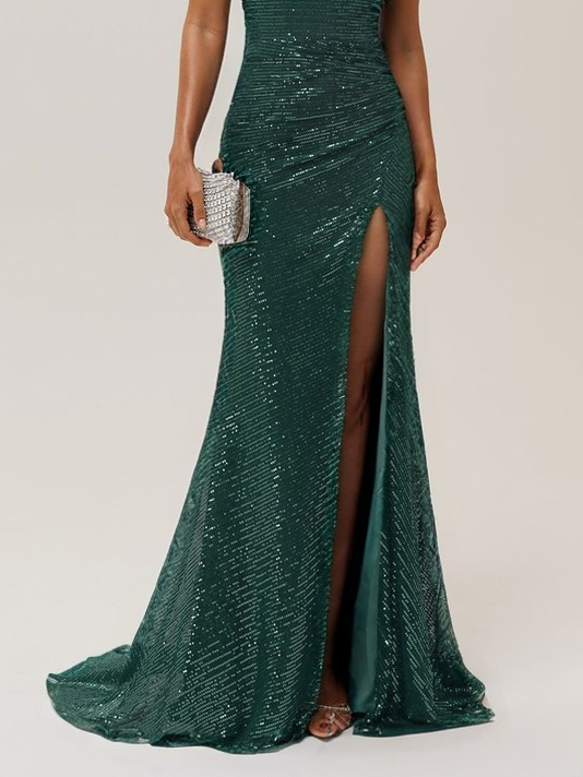 Blue Ruched Slit Sequin Off The Shoulder Short Sleeve Sheath Gown