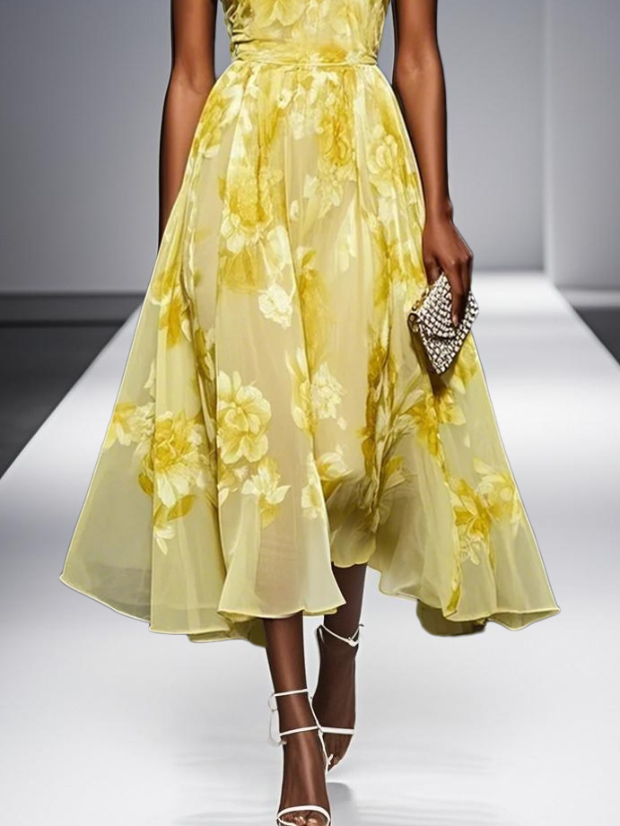 Yellow Floral Chiffon Halter Sleeveless A-Line Midi Dress